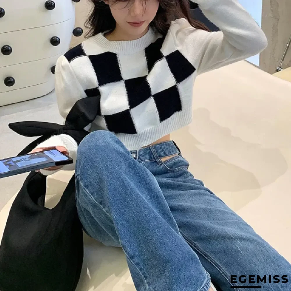 Chessboard Plaid Half High Neck Sweater | EGEMISS