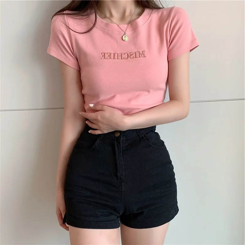 Uveng Uveng 2024 New Korean Letter Embroidered Slim Short-Sleeve T-Shirt Women's Wear