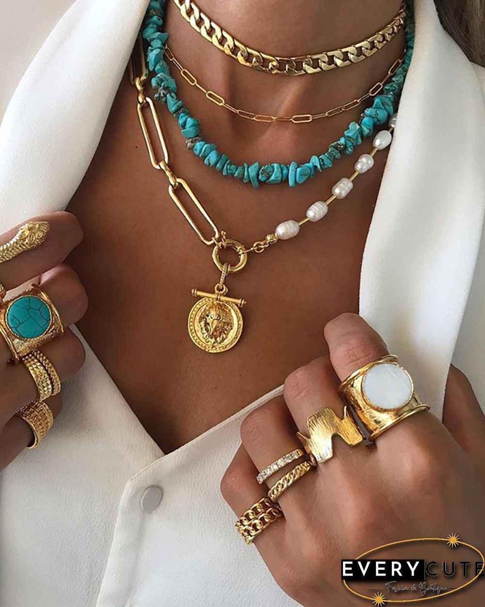 Coin Pendant Beaded & Chain Layered Necklace