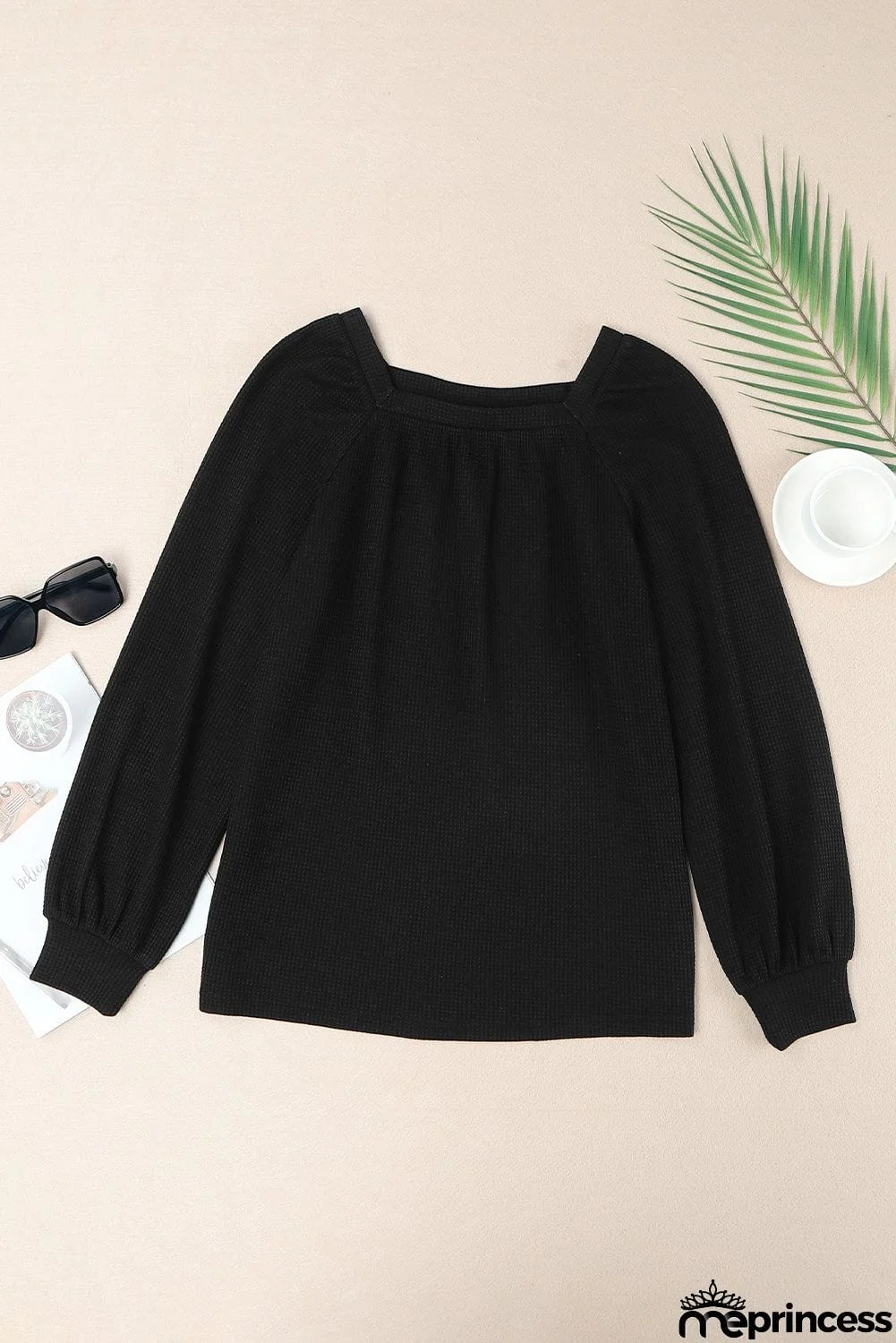 Scoop Neck Puff Sleeve Waffle Knit Top