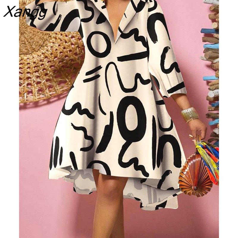 Xangg Print Loose Shirt Dress Women 2022 Autumn Casual Leopard Camouflage Print Button Shirt Irregular Dresses for Women's