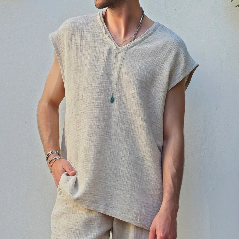 Men's V-Neck Linen Sleeveless Shirt