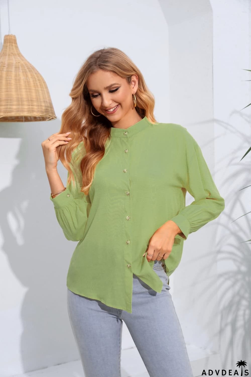 Mock Neck Buttoned Long Sleeve Shirt