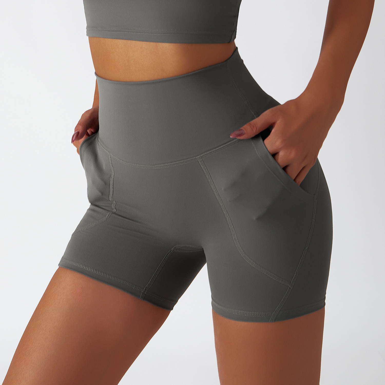 Buy Hergymclothing Moonstone Gray renewable fabric sustainable no front seam yoga shorts with side pockets online