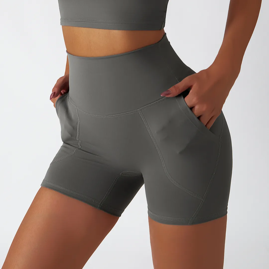 Buy Hergymclothing Moonstone Gray renewable fabric sustainable no front seam yoga shorts with side pockets online