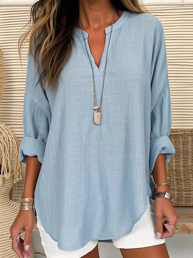 Women's cotton linen solid color casual shirt