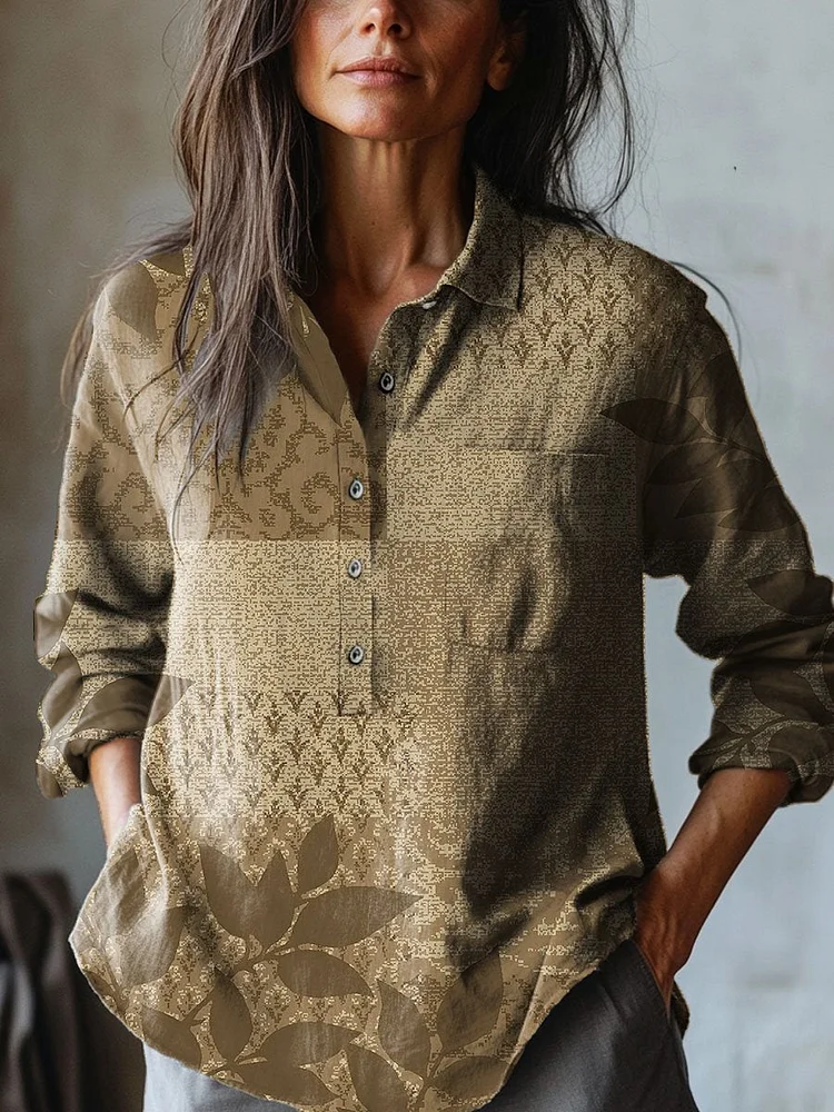 Women's Retro Plant Pattern Art Print Casual Cotton And Linen Shirt