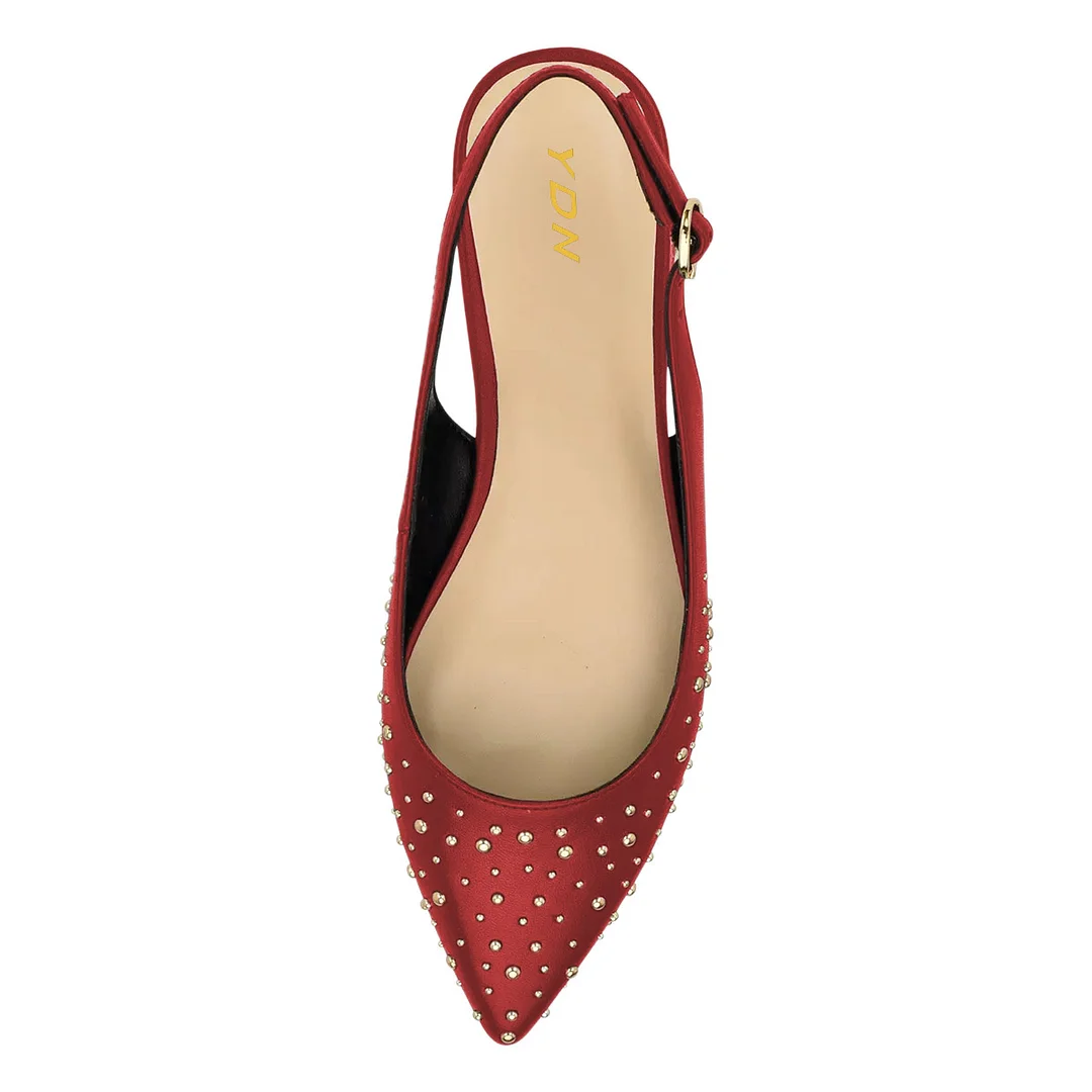 Chic Red Slingback Buckle Strap Pointed Toe Flats with Gold Studs