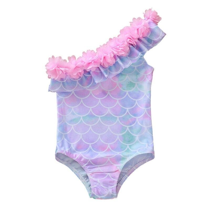 2020 Summer Swimsuit 1-5Y Toddler Kids Baby Girls One Shoulder Bikini Fish Scales Swimwear Bathing Suit Floral Beachwear