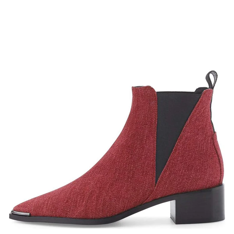 Red Denim Pointy Toe Slip-on Chunky Heel Chelsea Ankle Boots Vdcoo