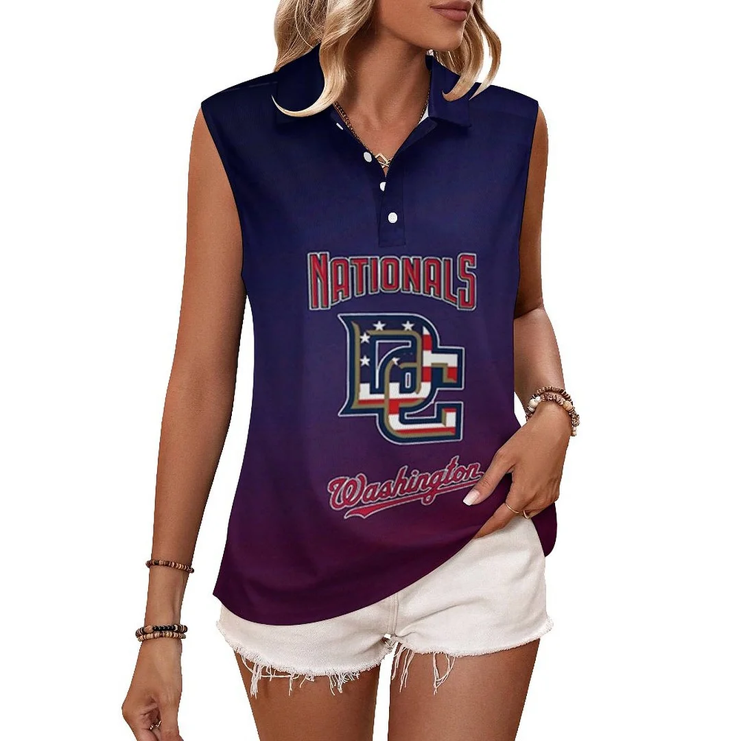 V-neck Sleeveless Casual POLO Shirt Tank Top for Women Printed with Pattern , Blue, Red