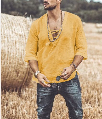Solid Color Men's Chest Lace-up Corns Half Sleeve T-shirt