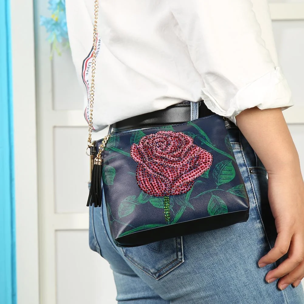 DIY Bag - Rhinestone - Rose Women Leather Chain Crossbody Bags