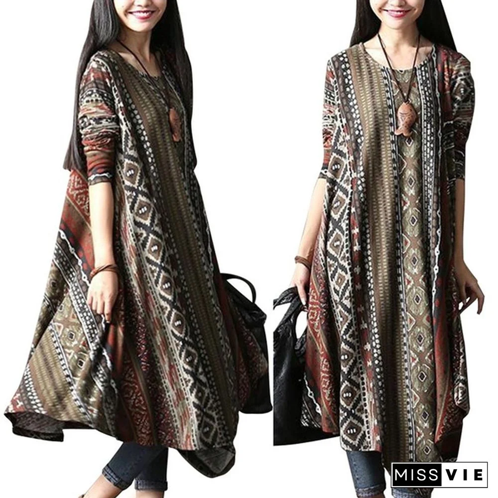 3 Colors Womens Vintage Boho Long Sleeve Floral Kaftan Baggy Maxi Dress Vestidos Plus Size S-5XL