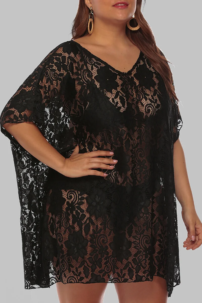 Black Sexy Solid See-through V Neck Plus Size Swimwear Beach Dress Blouse | EGEMISS