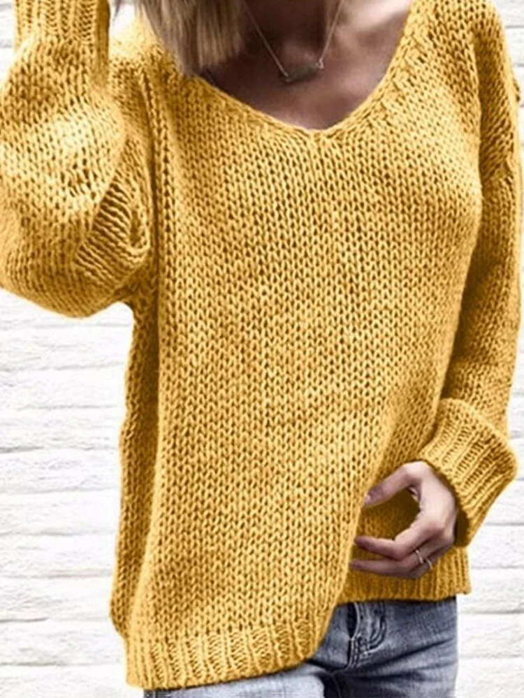 Casual Women Loose Solid Color Top Autumn Knitted  V-Neck Sweaters