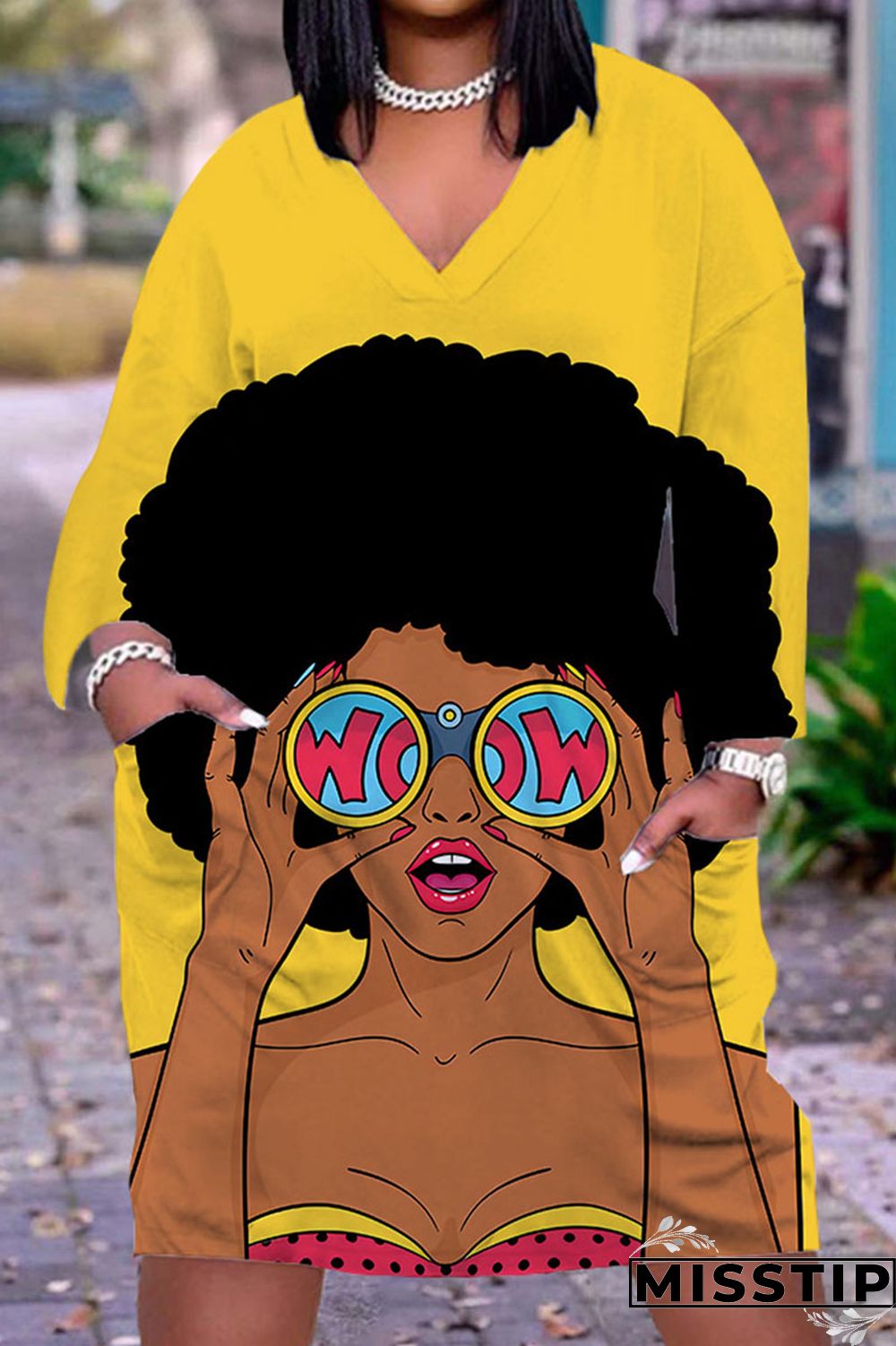 Gray Cyan Casual Print Patchwork V Neck Straight Dresses