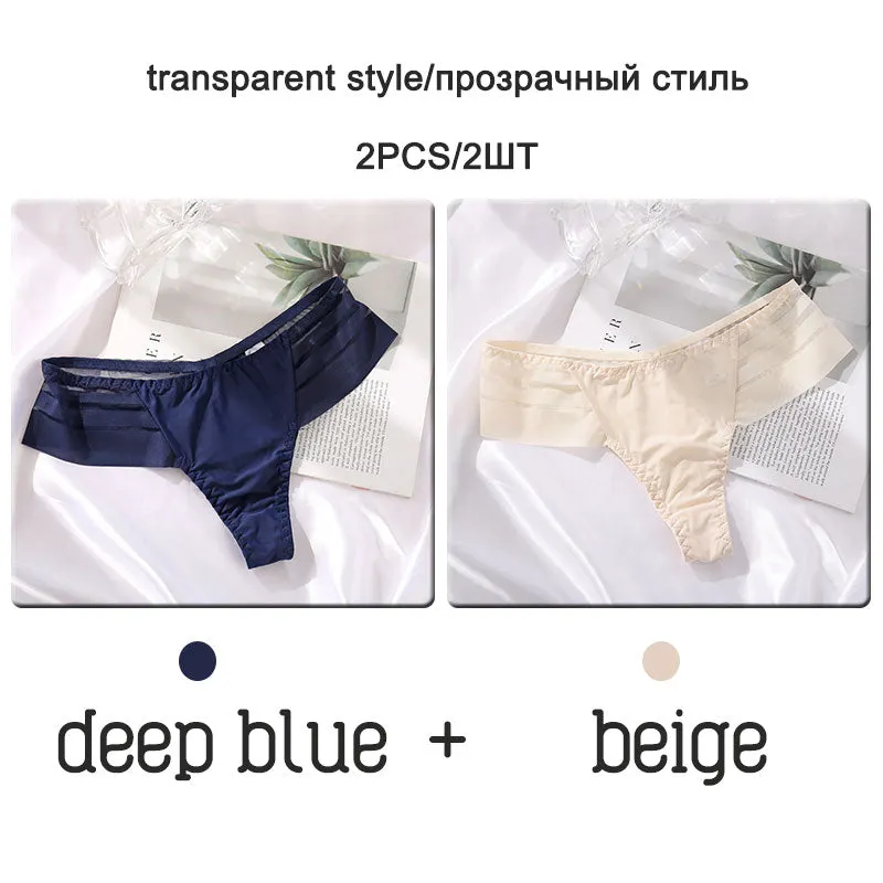 FINETOO 2Pcs/set Sexy Thongs Women Low Waist G-string Panties Fashion Hollow Out Seamless Underwear Perspective Underpants 2021