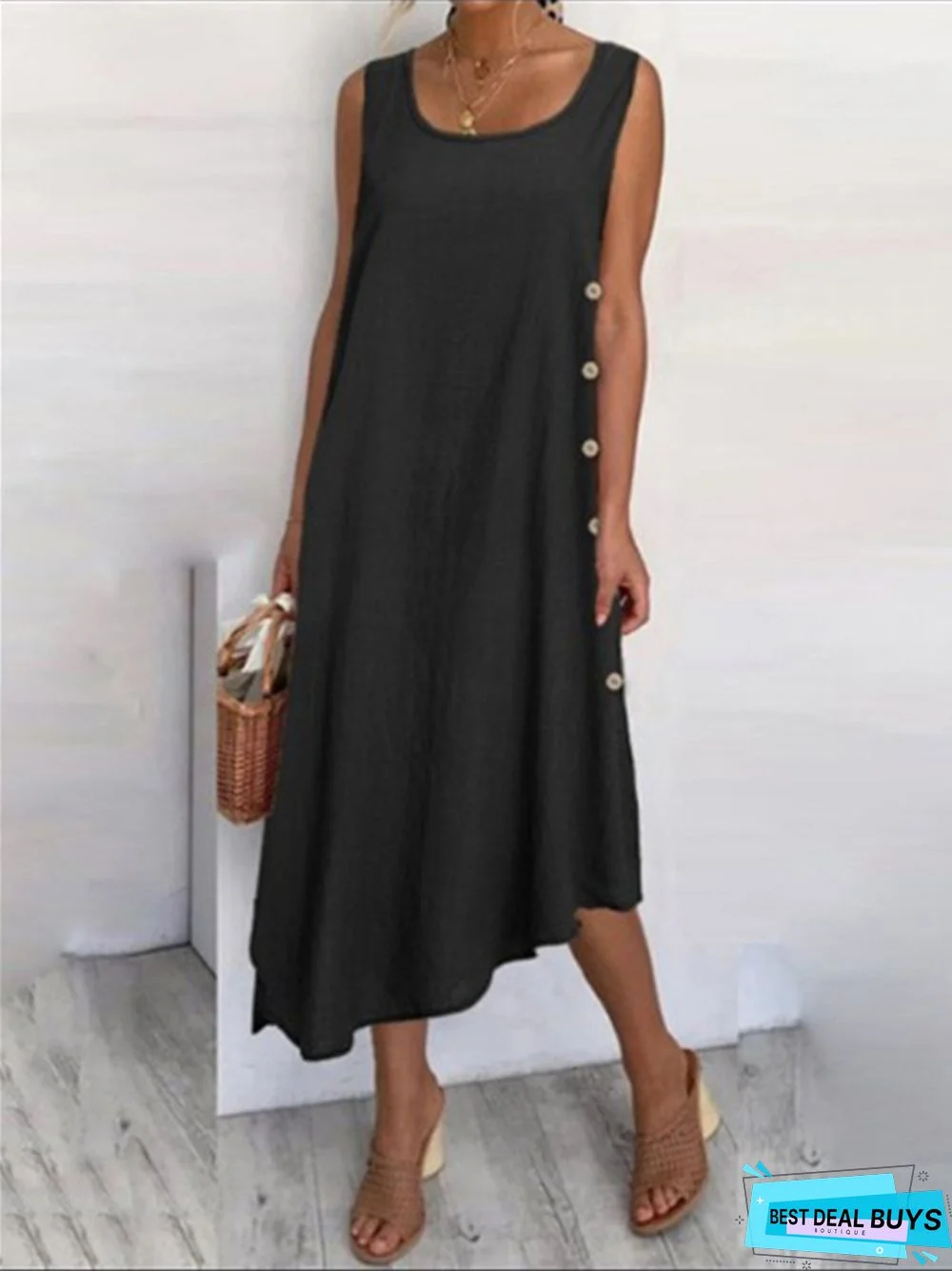 Vest Skirt Cotton Hemp Solid Color Button Irregular Big Hem Dress Long Skirt