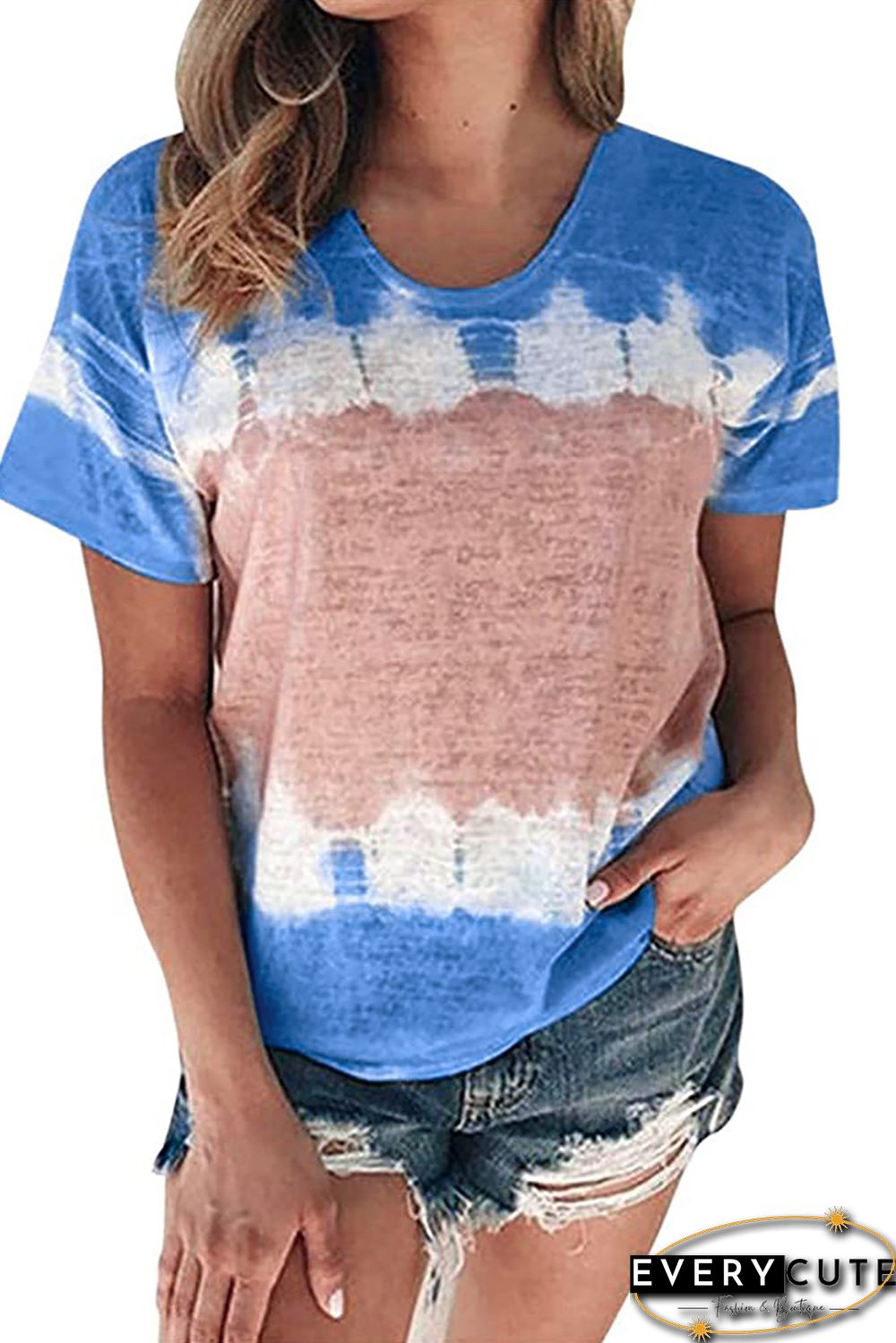 Sky Blue Tie-dyed Color Block Print T-shirt