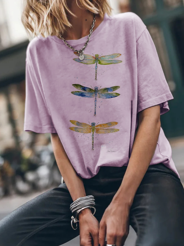 Women's Cotton Short-sleeved Shirt With Colorful Dragonfly Print tjj Shicloths