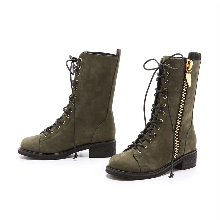 Dark Green Combat Boots Lace up Round Toe Ankle Boots by FSJ |FSJ Shoes