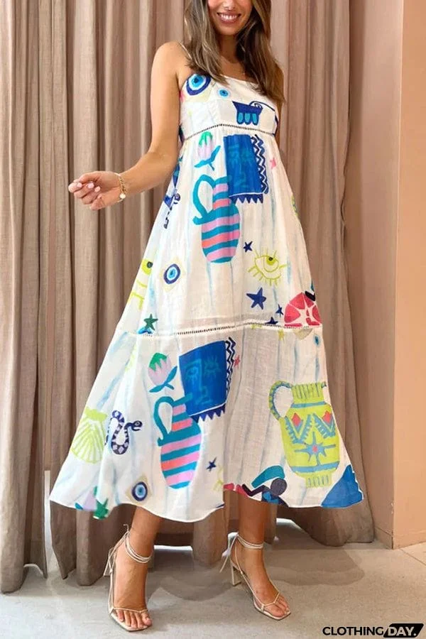 She's The Fun Linen Blend Playful Print Ladder Trim Midi Dress
