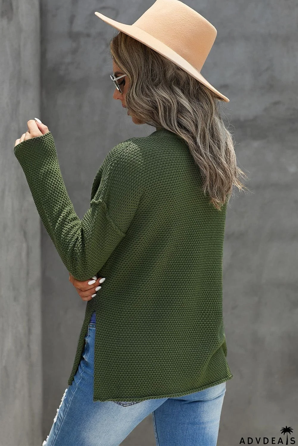 Women's Green Henley Pullover Drop Shoulder Sweater with Slits