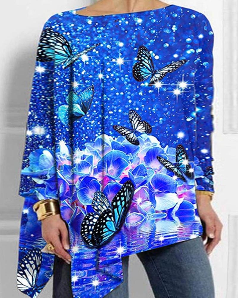 Women's Dreamy Butterfly Print Round Neck Long Sleeve Top