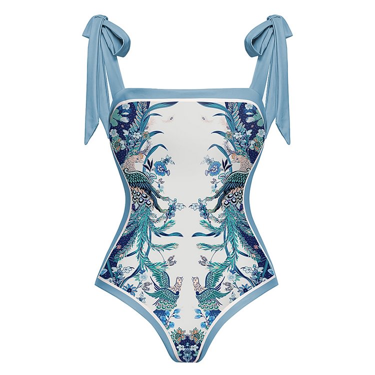 Flaxmaker Blue Reversible Bowknot Tie-shoulder One Piece Swimsuits and Sarong 