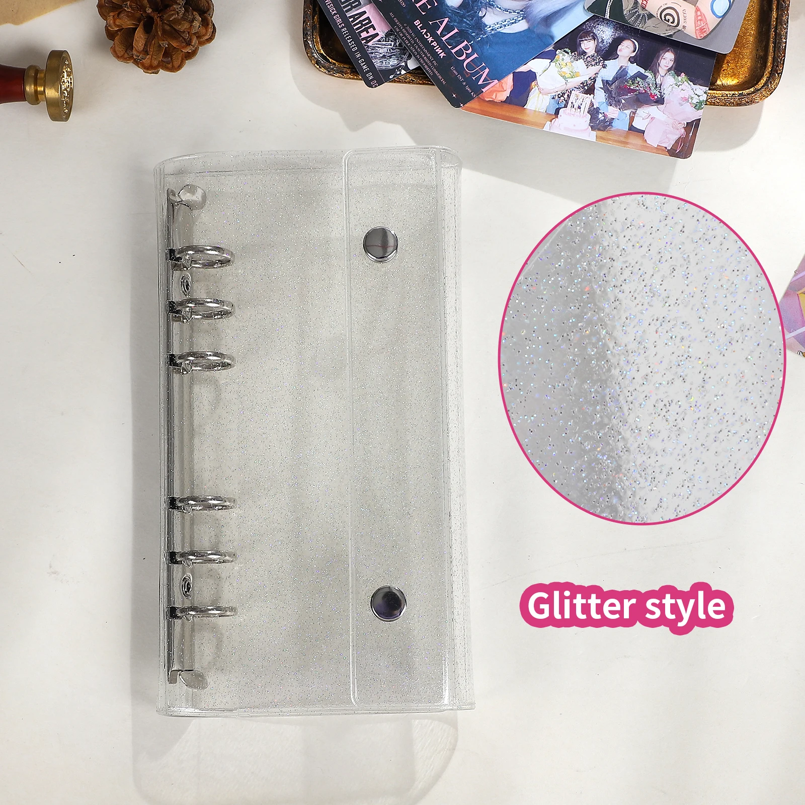 Card Book - A6 Narrow Loose-leaf Double-button Transparent Glitter 