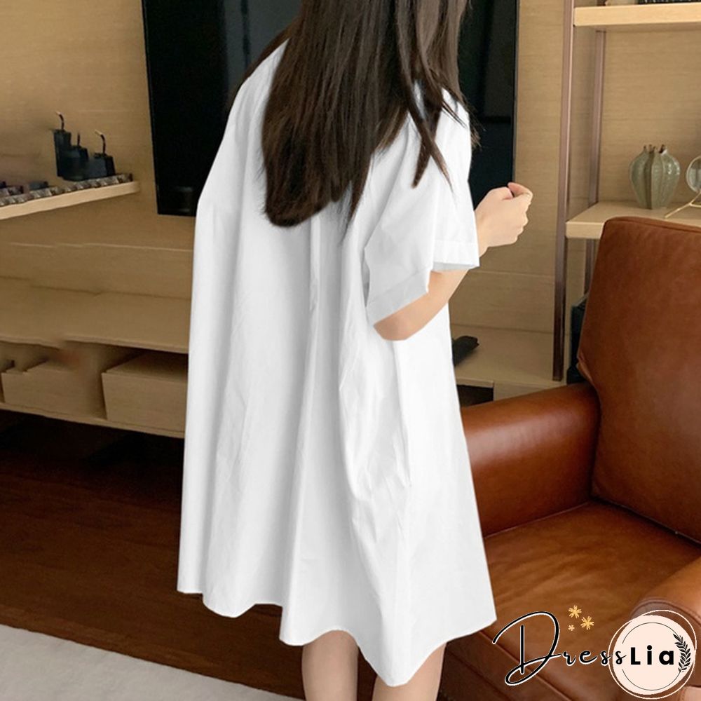 Women Loose Plain Holiday Cami Sundress Lapel Cotton Retro Party Mini Shirt Dress Plus