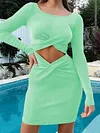 Stylish Knitting Solid Color Cross-Strap Hollow Long Sleeves Round-Neck Mini Dress