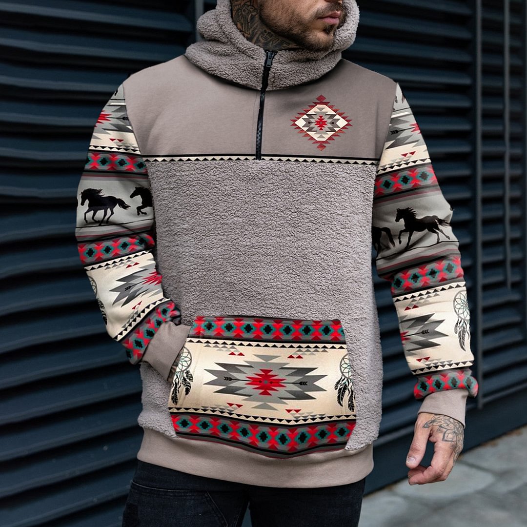 Retro Men's Casual Western Ethnic Collage Sherpa Hoodie