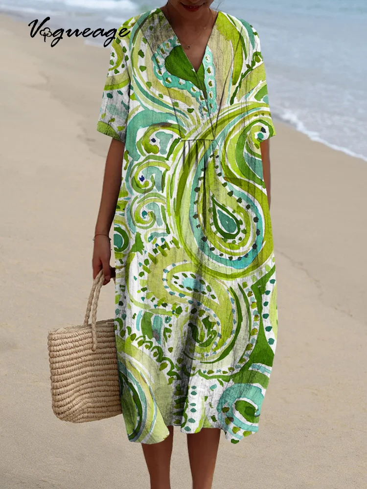 Bright And Fashionable Plants Printed Women's Casual Cotton And Linen Dress