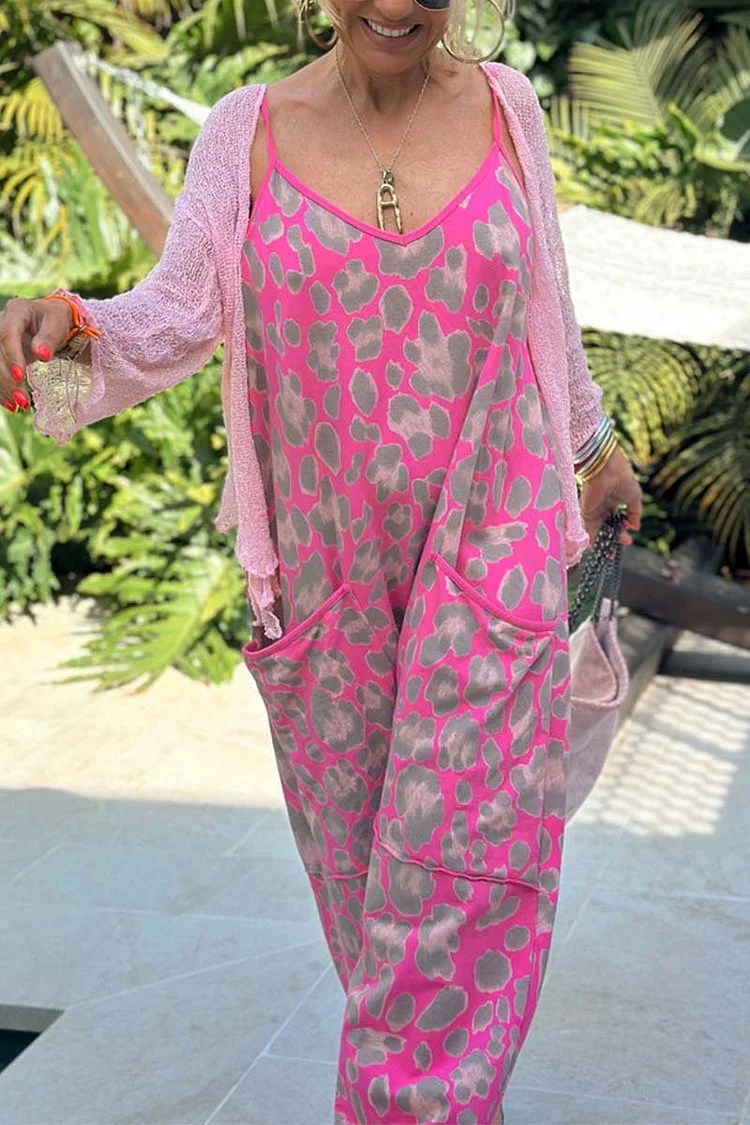 Women's casual suspender leopard print jumpsuit