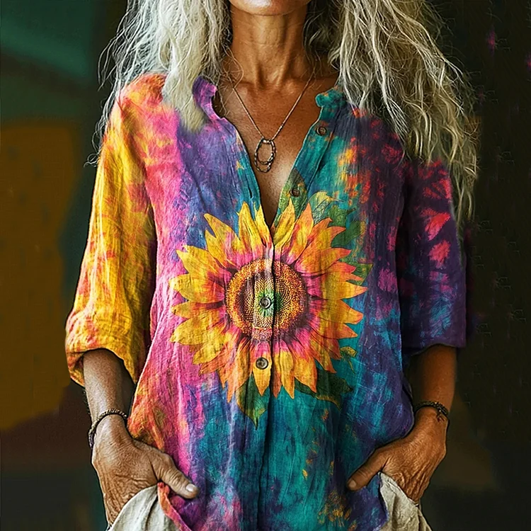 VChics Women's Colorful Tie-dye Sunflower Art Print Casual Linen Shirt