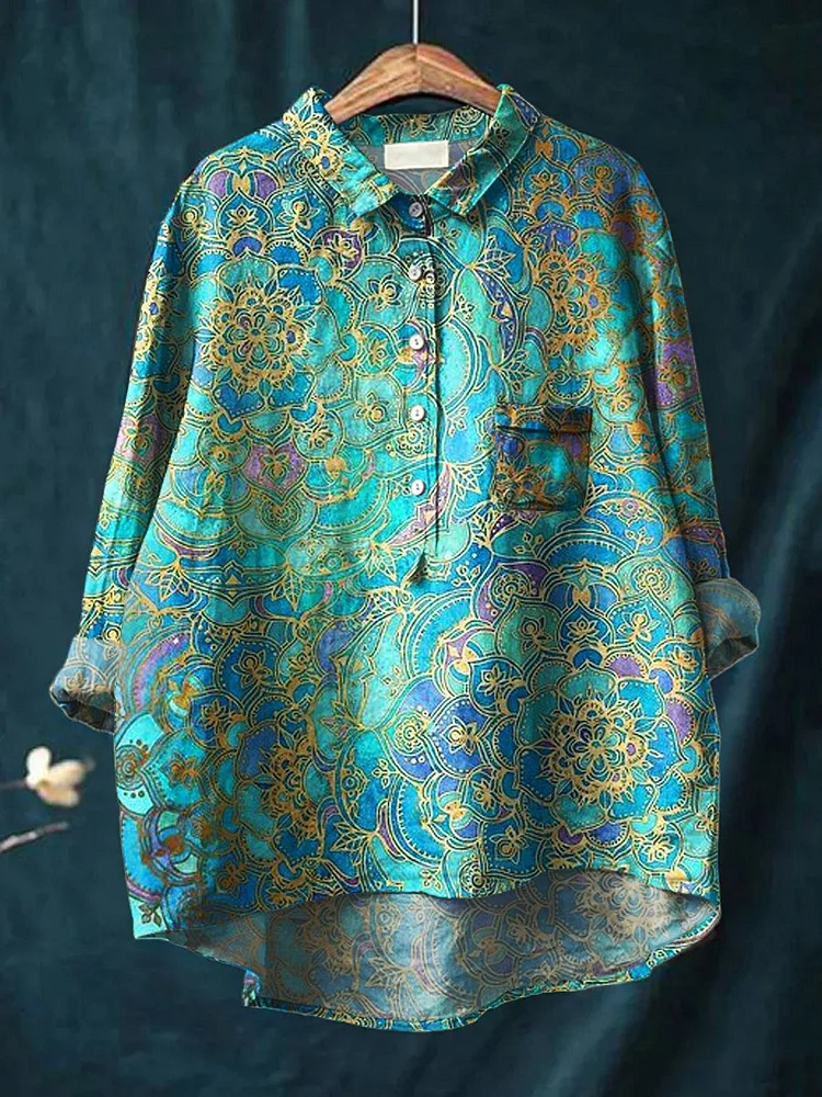 Women's Retro  Art Print Casual Cotton And Linen Shirt