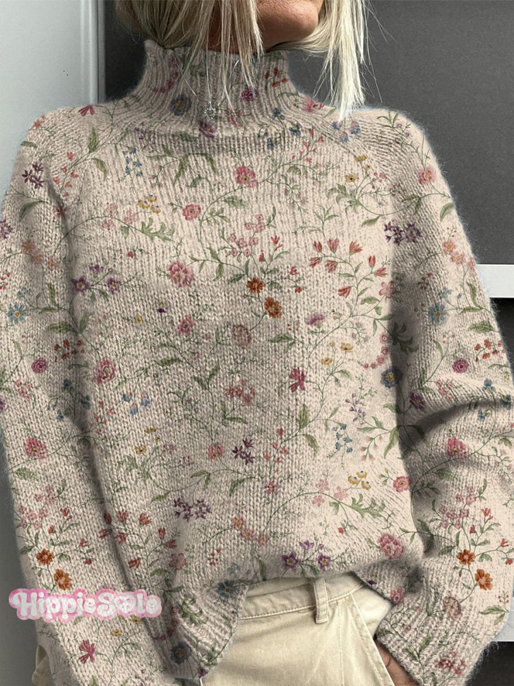 Lovely Retro Floral Pattern Printed Knit Turtleneck Pullover Sweater Multicolor / S