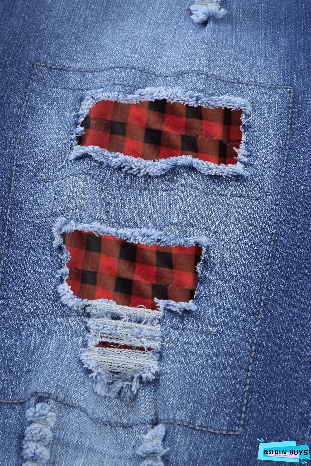 Fashion Blue Ripped Plaid Straight Legs Boyfriend Jeans