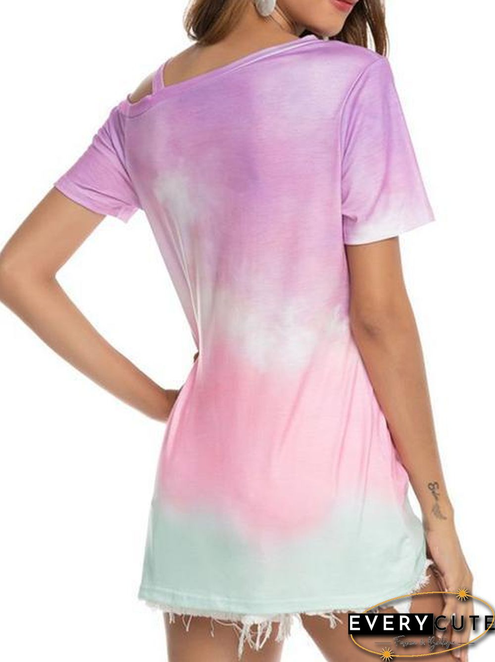 Gradient Color Cold Shoulder Twisted T-Shirt