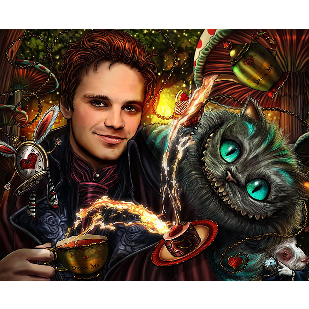 

40*30CM - Man And Smile Cat - Round Drill Diamond Painting, 501 Original