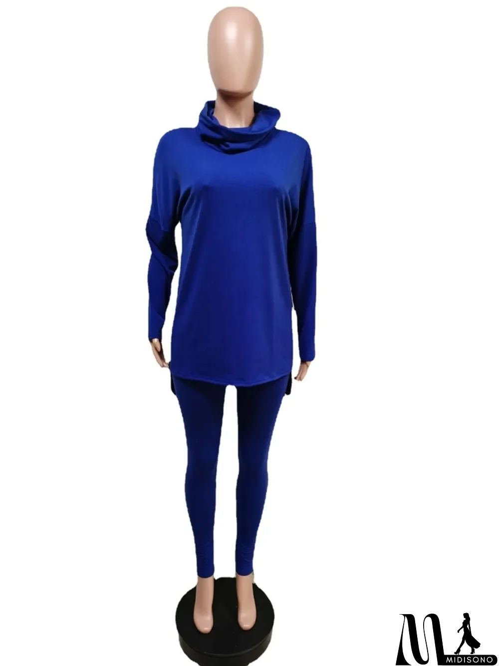 MidiSono - Winter Solid Blue Turtleneck Long Sleeve Loose Top and Match Pants Two Piece Set
