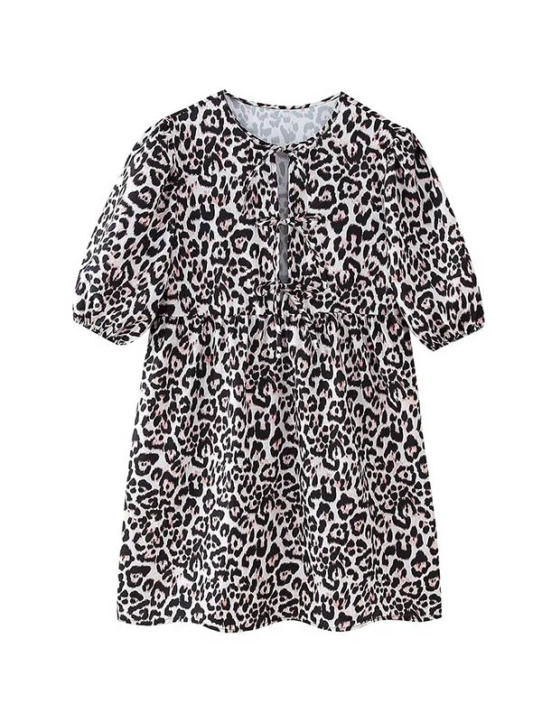 Elasticity Hollow Lace-Up Leopard Pleated Printed Split-Joint Loose Puff Sleeves Round-neck Blouses&shirts Tops