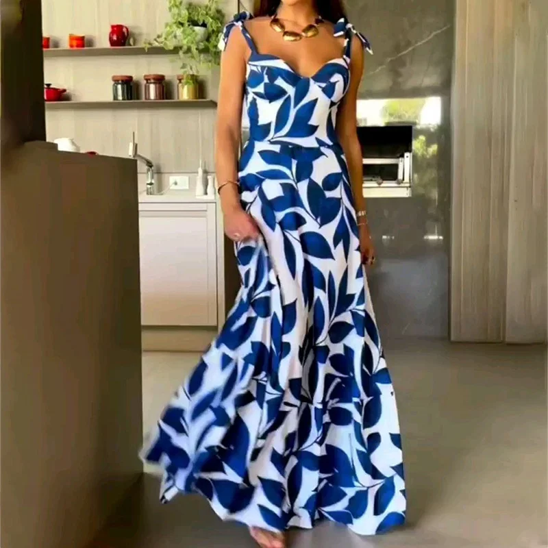 Toloer Toloer Spot 2024 Summer New Women's Fashion Temperament High Waist Sling Long Printed Dress-Outfit Ideas