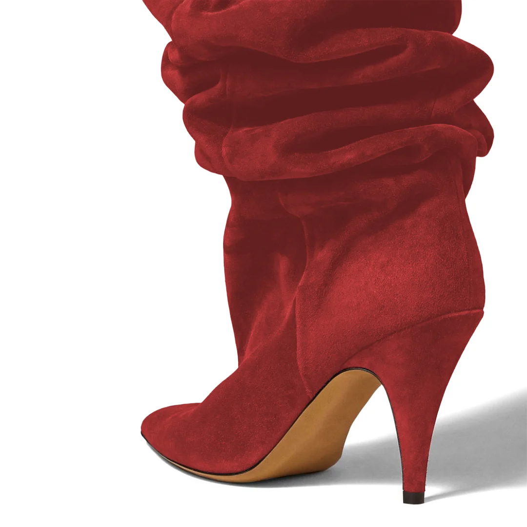 Faux Suede Pointed Toe Silhouette Boots with Stiletto Heel in Maroon