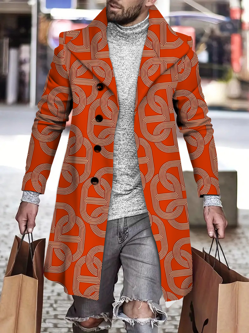 Men's fashion geometric print mid-length coat 051