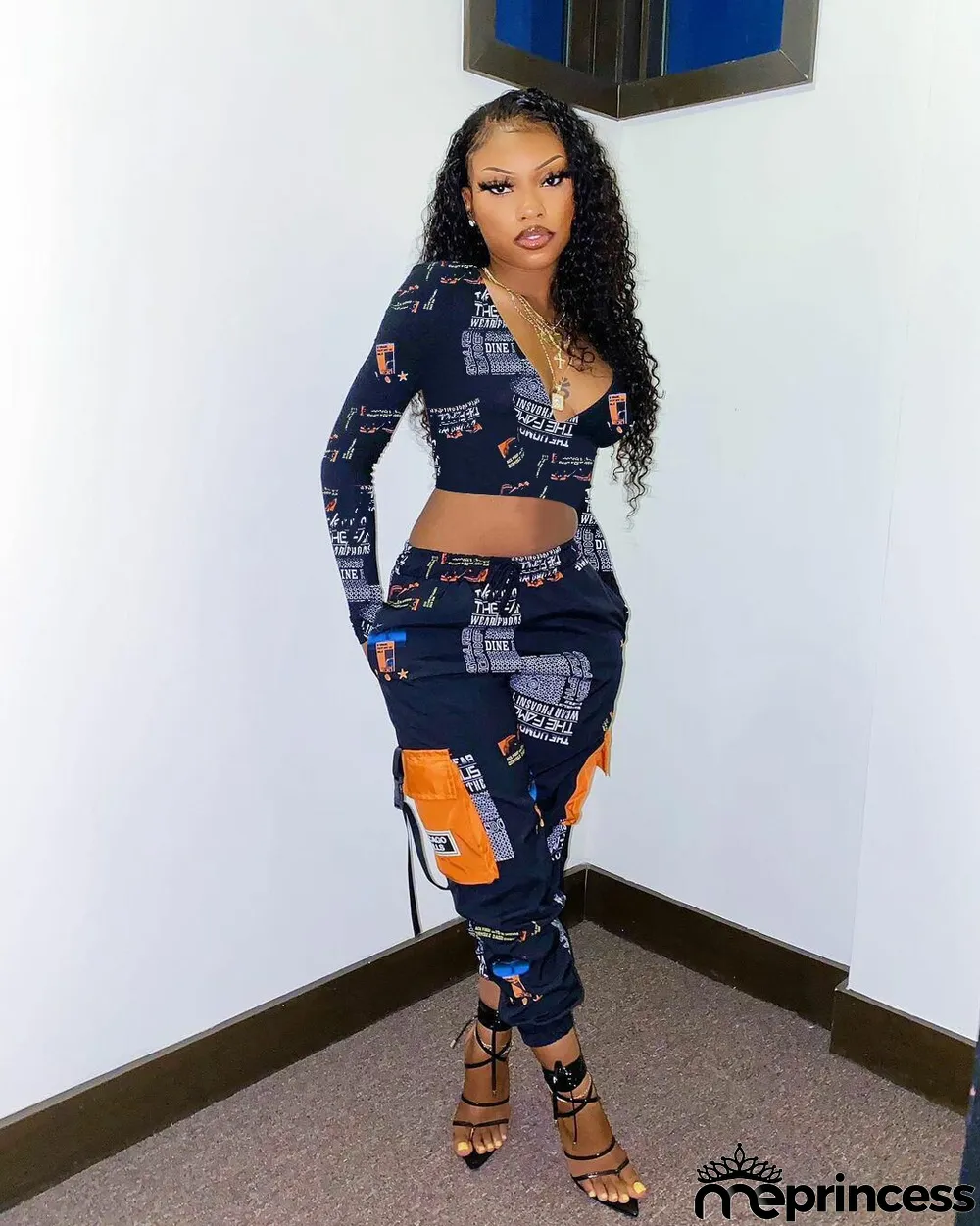 Womens Sexy Letter Print Long Sleeve Top and Pant Two Piece Set