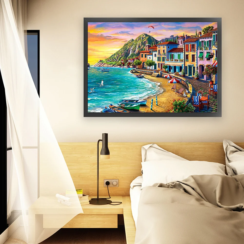 16CT Full Stamped Cross Stitch - Beachside City(Canvas|60*45CM)