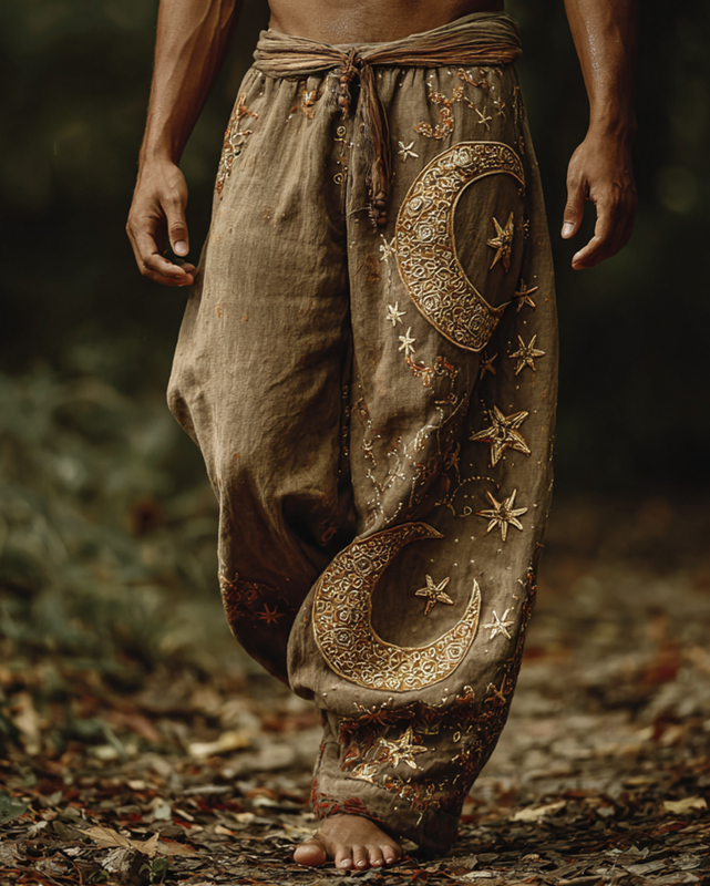 Men's casual star and moon 3D embroidered linen trousers bcbd